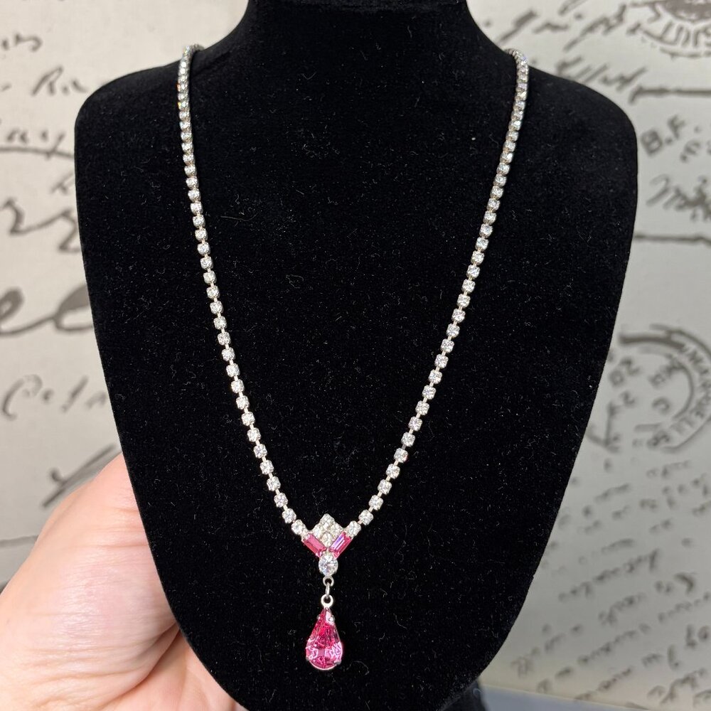 Fairy Necklace Earring Set Art Deco Style Pink Teardrop Crystal Drop Prom Formal